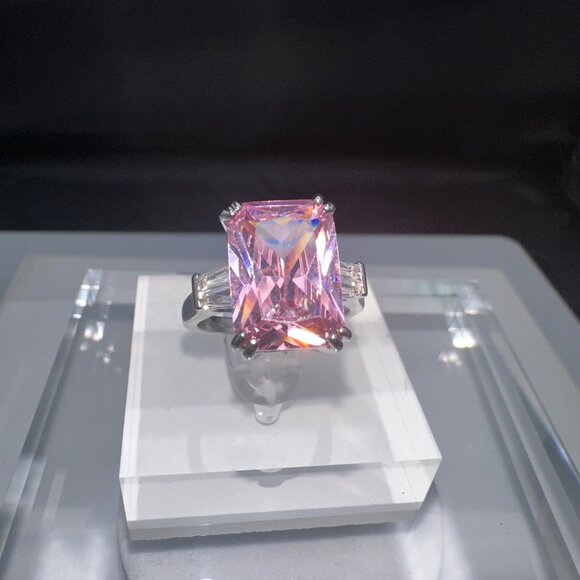 Emerald Cut Pink Cubic Zirconia & Silver Ring - Picture 5 of 12